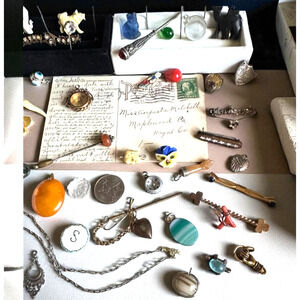 Victorian Antique Mourning Figa Skull Agate Jewelry Lot Deco Gold Filled Coral +